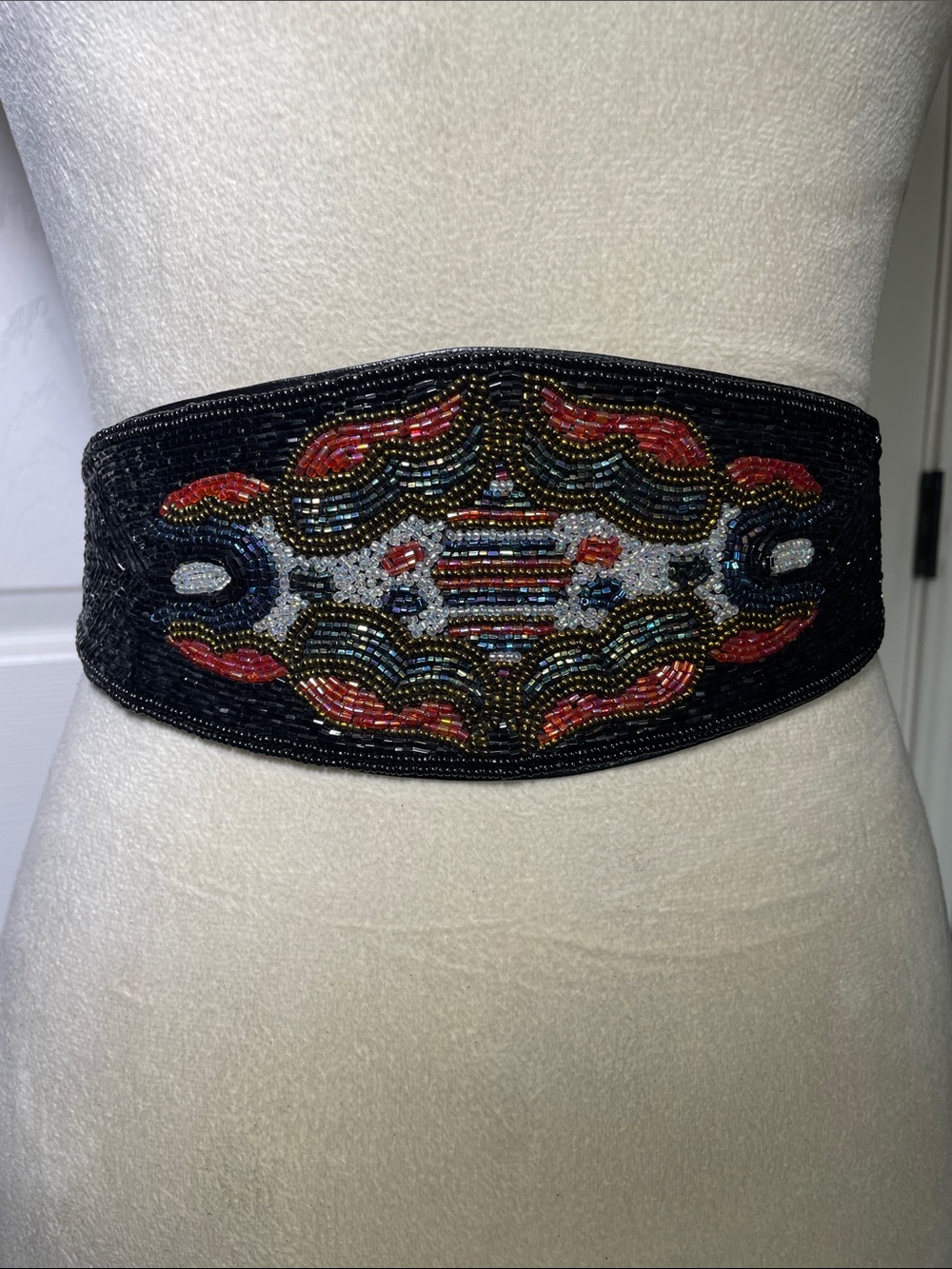 Vintage Beaded Wide Belt Cummerbund Art Nouveau Cinch Waistband Black
